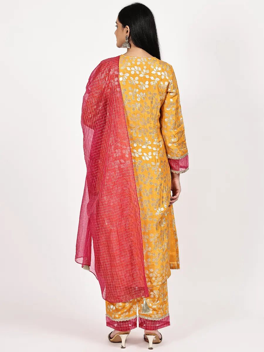 Mustard Yellow Silk Jacquard Kurta Set with Contrast Rani Pink Dupatta