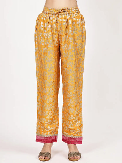 Mustard Yellow Silk Jacquard Kurta Set with Contrast Rani Pink Dupatta