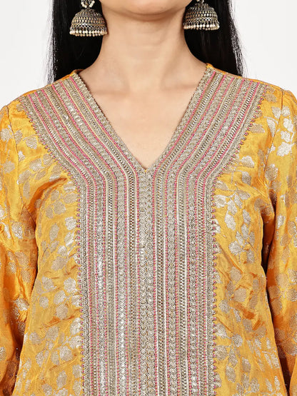 Mustard Yellow Silk Jacquard Kurta Set with Contrast Rani Pink Dupatta