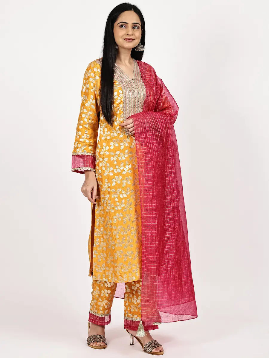 Mustard Yellow Silk Jacquard Kurta Set with Contrast Rani Pink Dupatta