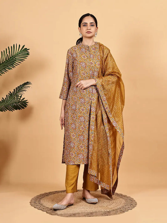 Mustard Printed Kurta Set with Premium Dupatta