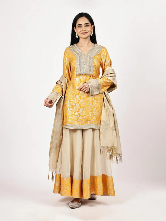 Mustard Yellow Silk Jacquard Kurta Set with Dupatta