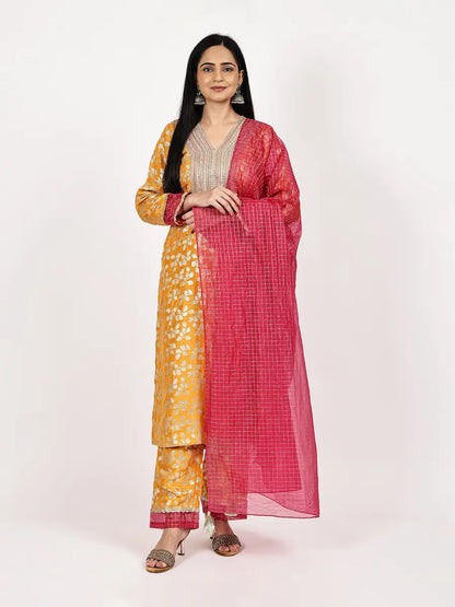 Mustard Yellow Silk Jacquard Kurta Set with Contrast Rani Pink Dupatta