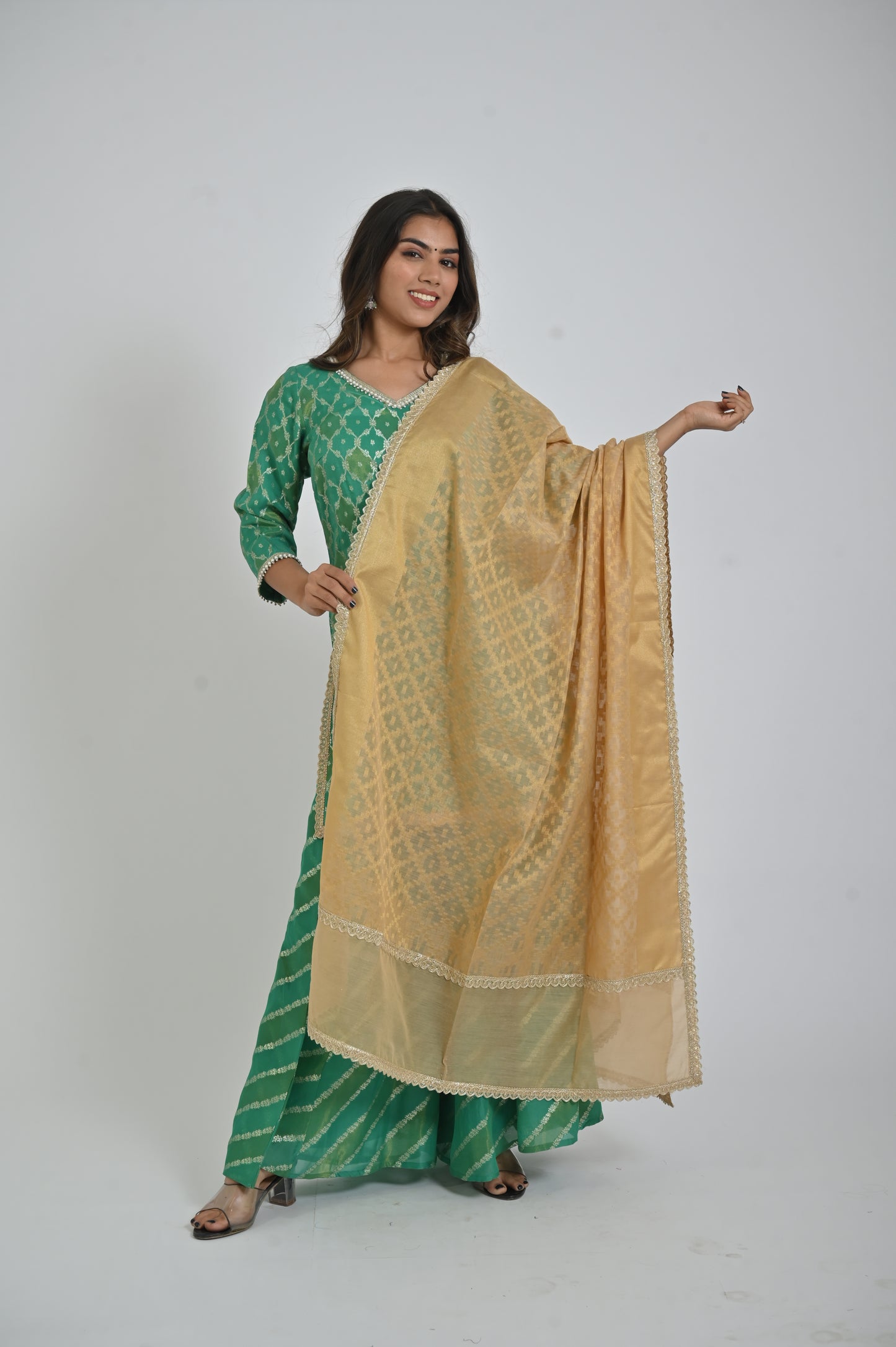 Elegant Light Green Printed Kurta with Palazzo and Golden Dupatta