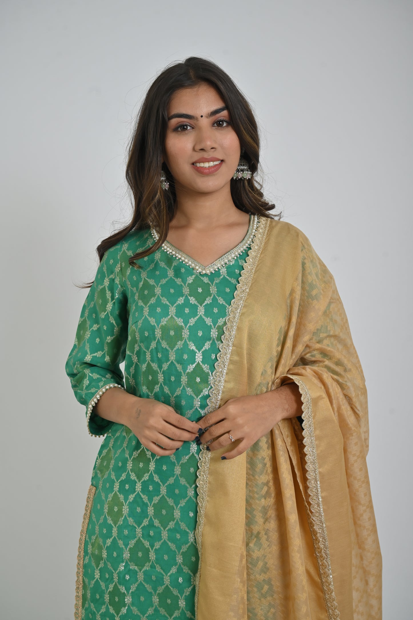 Elegant Light Green Printed Kurta with Palazzo and Golden Dupatta