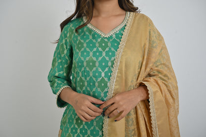 Elegant Light Green Printed Kurta with Palazzo and Golden Dupatta