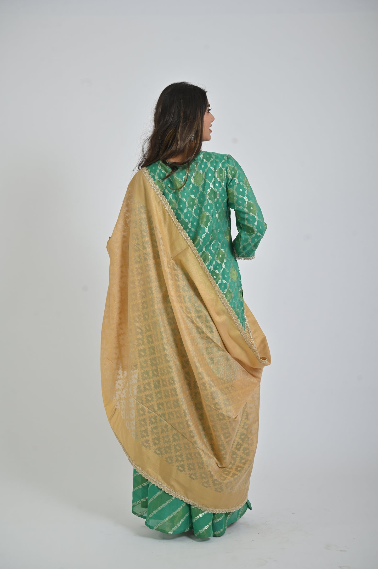 Elegant Light Green Printed Kurta with Palazzo and Golden Dupatta