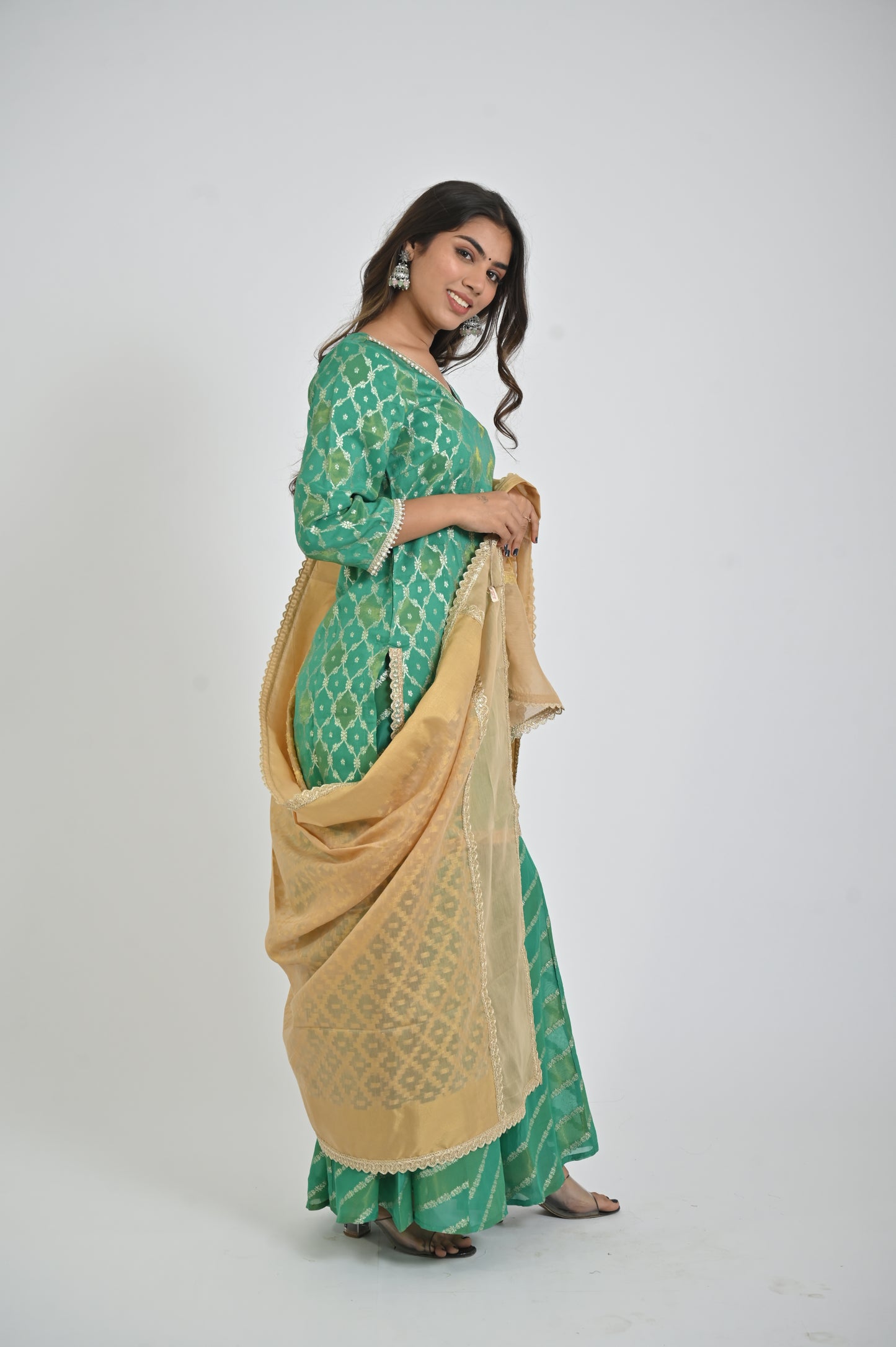 Elegant Light Green Printed Kurta with Palazzo and Golden Dupatta