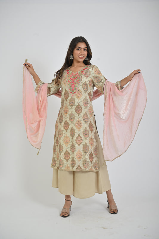 Golden Kurta and Palazzo with Contrast Dupatta