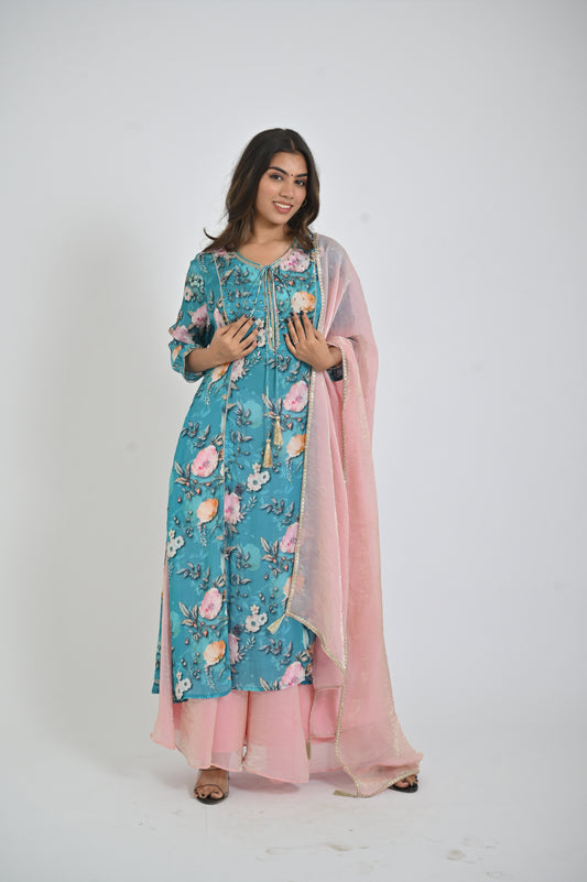 blue Printed Kurta with Palazzo and Dupatta Set