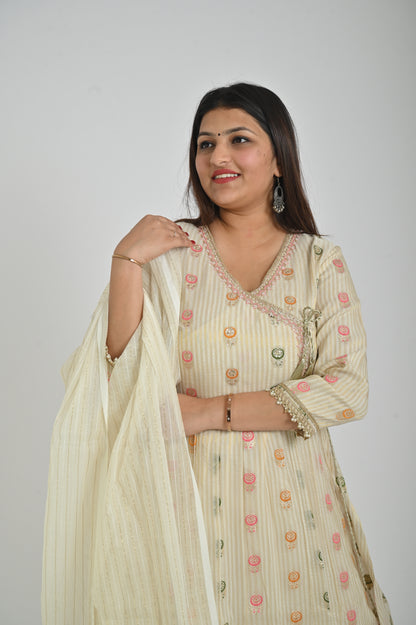 Off White Printed Kurta with Palazo and Dupatta
