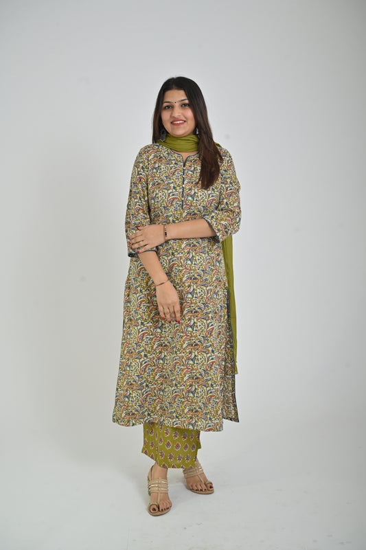 Mehandi Green Printed Straight Kurta along with Printed Palazzo & Solid Dupatta