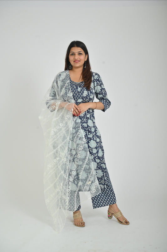 Royal blue printed Straight Kurta along with Pants & orgenza dupatta