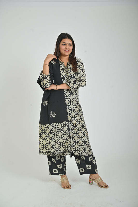 Black and White Printed Kurta with Palazzo and Solid Dupatta