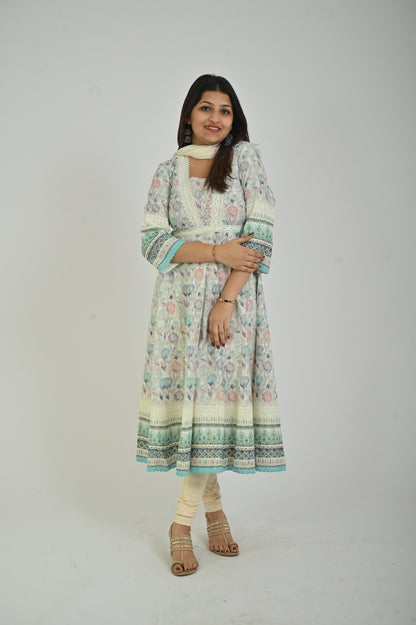 Off White with Green Printed Kurta with Straight Pant and Dupatta