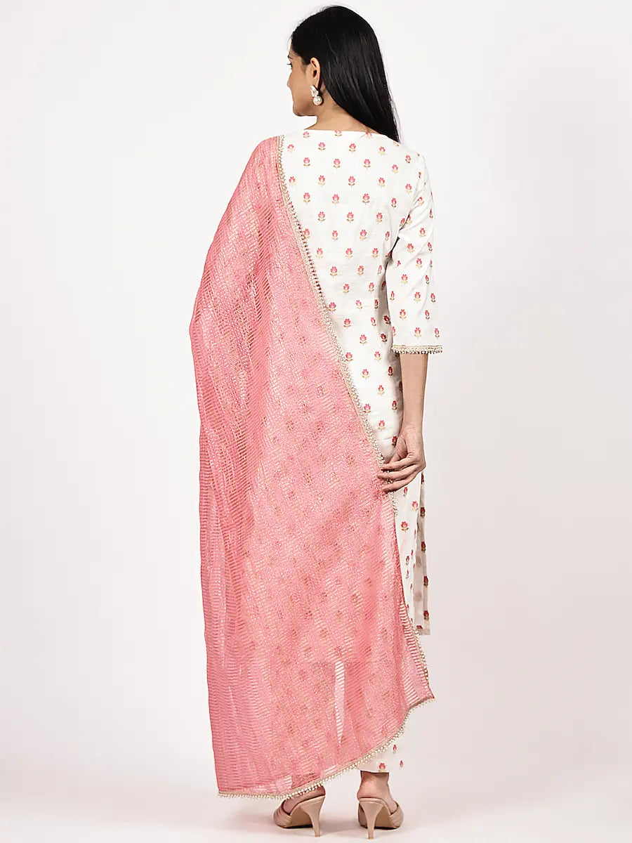 Off-White Embroidered Kurta Set with Woven Pink Dupatta
