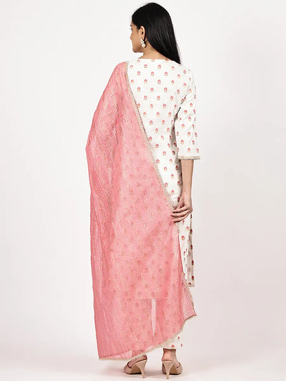 Off-White Embroidered Kurta Set with Woven Pink Dupatta