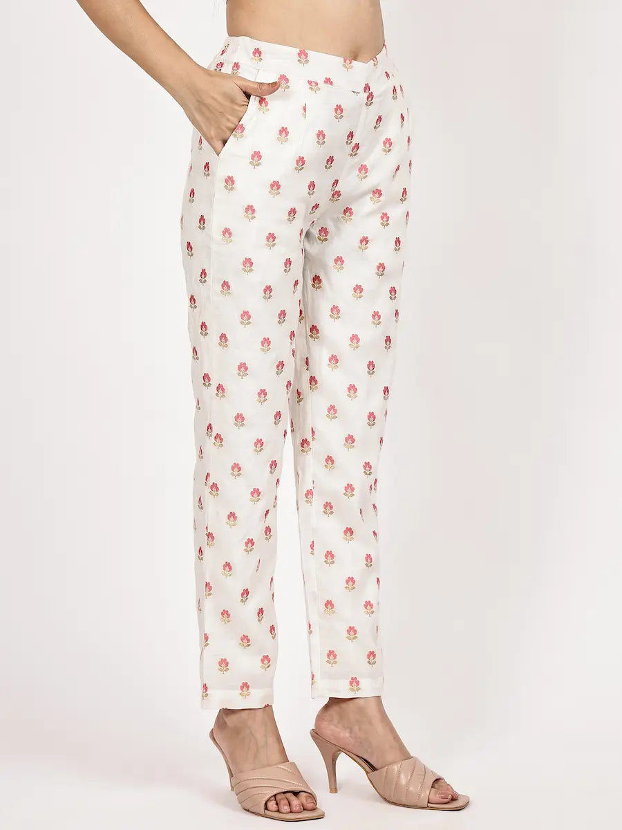 Off-White Embroidered Kurta Set with Woven Pink Dupatta