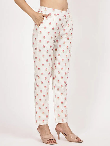 Off-White Embroidered Kurta Set with Woven Pink Dupatta