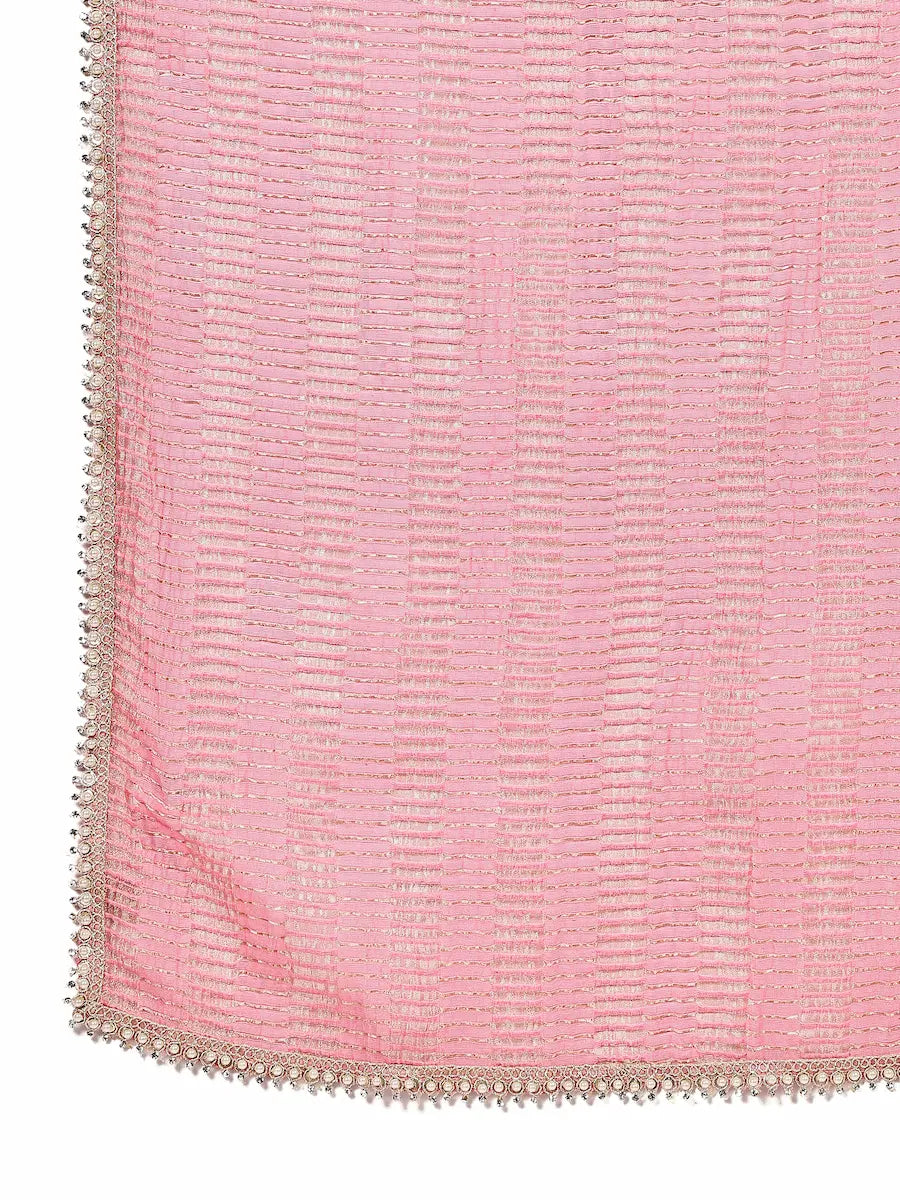 Off-White Embroidered Kurta Set with Woven Pink Dupatta