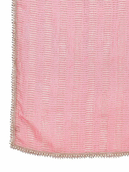 Off-White Embroidered Kurta Set with Woven Pink Dupatta