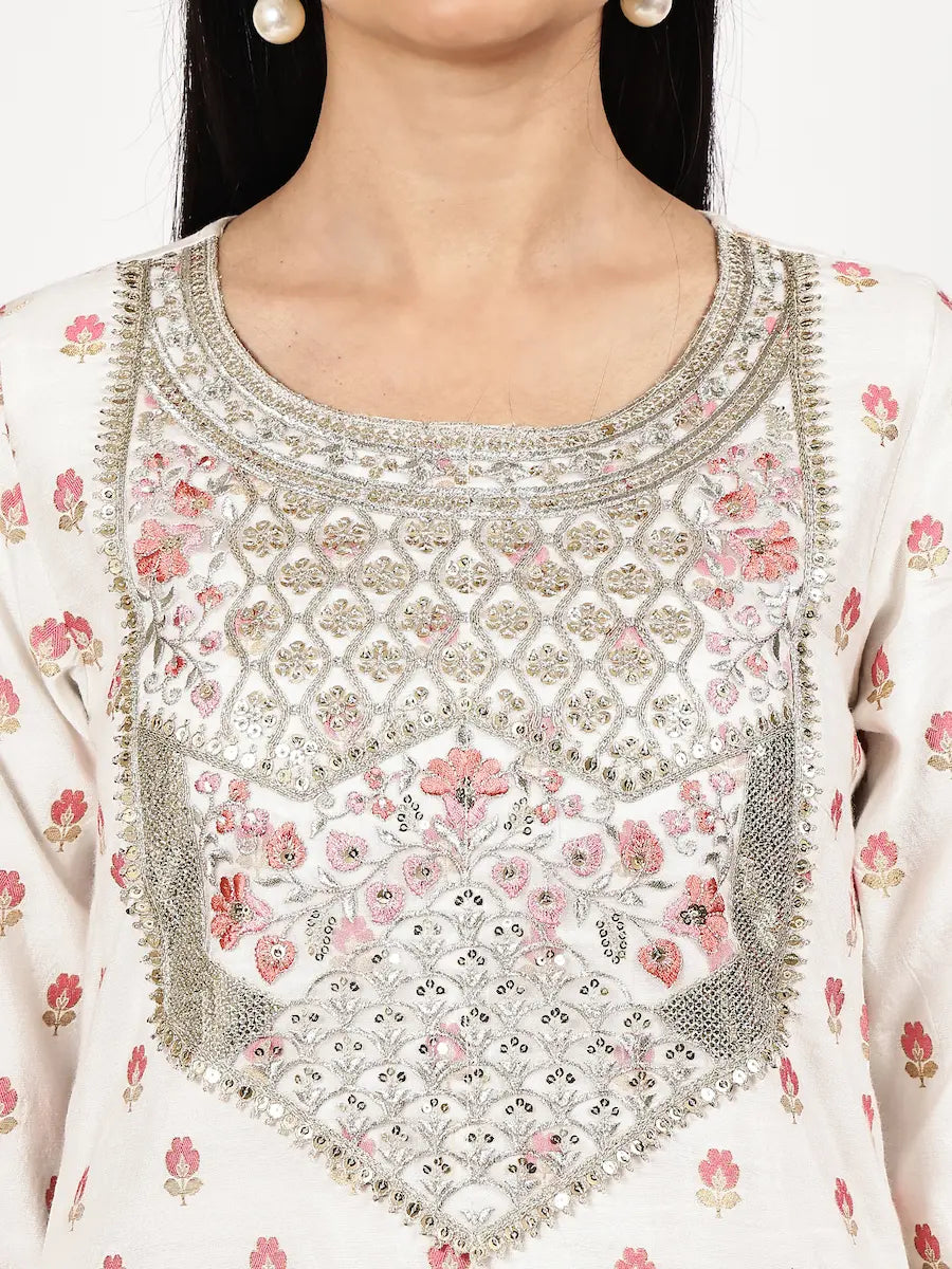 Off-White Embroidered Kurta Set with Woven Pink Dupatta