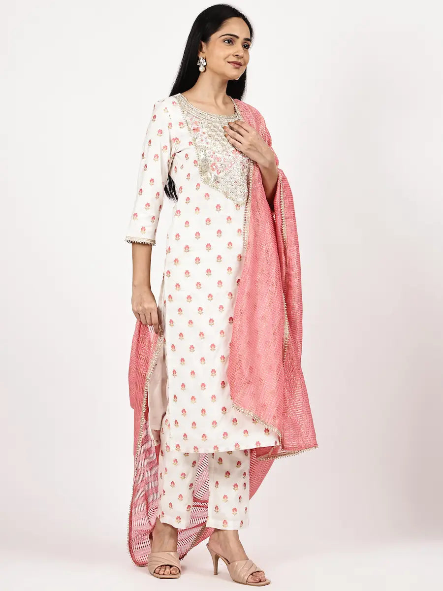 Off-White Embroidered Kurta Set with Woven Pink Dupatta