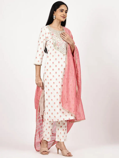 Off-White Embroidered Kurta Set with Woven Pink Dupatta