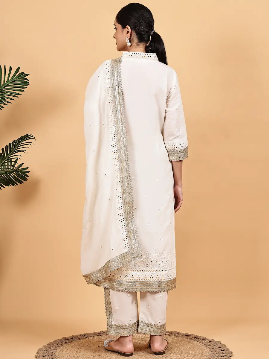 Off-White Kurta Set with Mirror Work and Golden Lace Dupatta