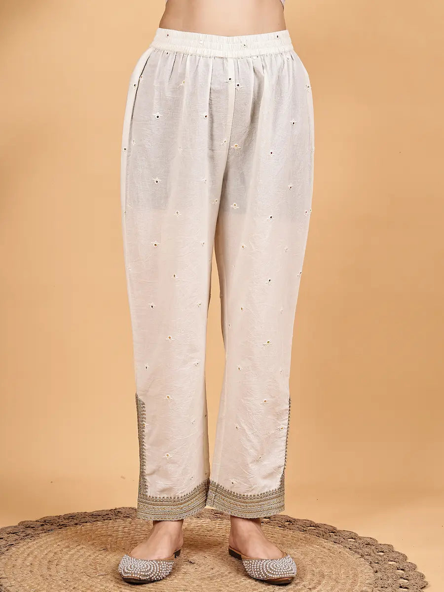 Off-White Kurta Set with Mirror Work and Golden Lace Dupatta