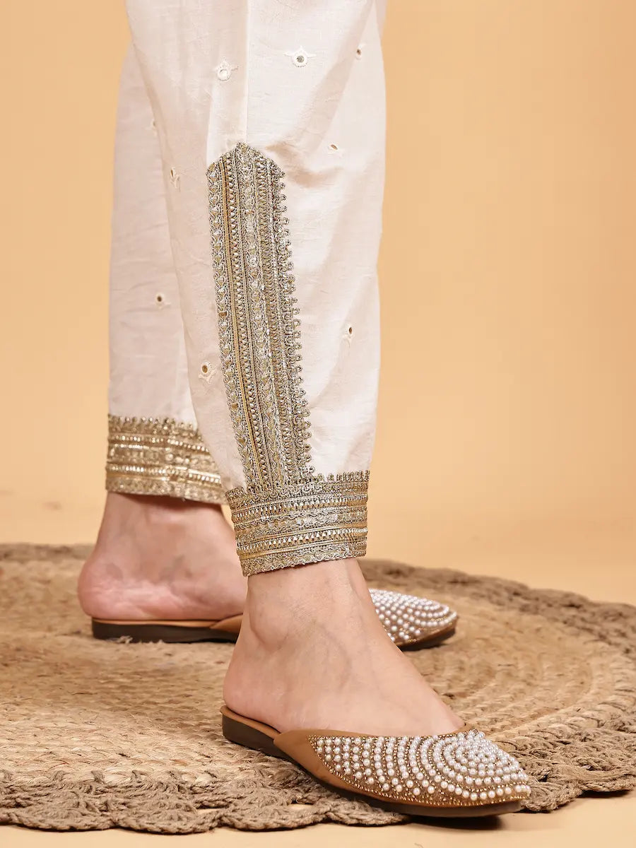 Off-White Kurta Set with Mirror Work and Golden Lace Dupatta
