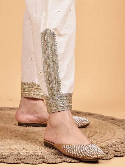 Off-White Kurta Set with Mirror Work and Golden Lace Dupatta