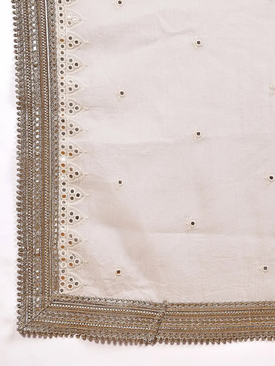 Off-White Kurta Set with Mirror Work and Golden Lace Dupatta