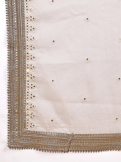 Off-White Kurta Set with Mirror Work and Golden Lace Dupatta