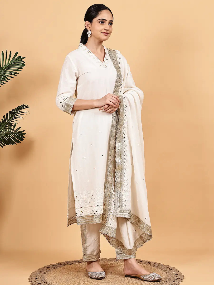Off-White Kurta Set with Mirror Work and Golden Lace Dupatta
