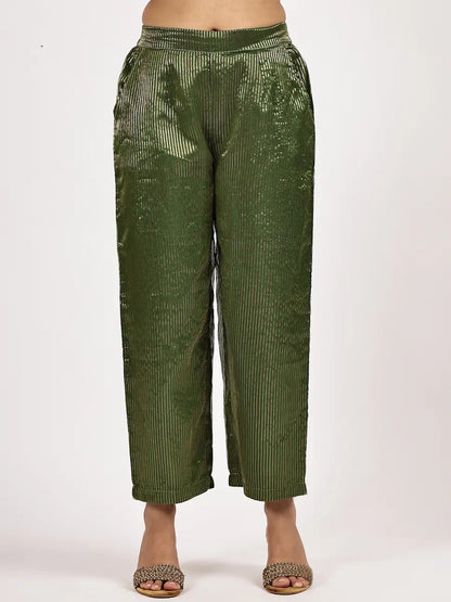 Off-White Kurta & Green Pants Set with Dupatta