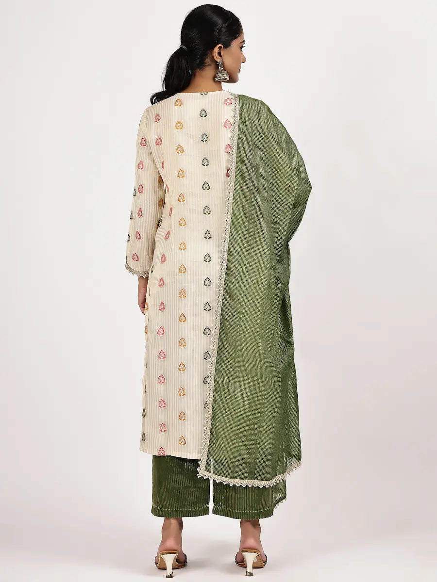 Off-White Kurta & Green Pants Set with Dupatta