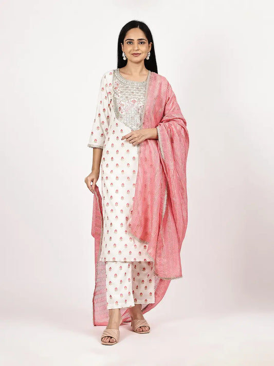 Off-White Embroidered Kurta Set with Woven Pink Dupatta