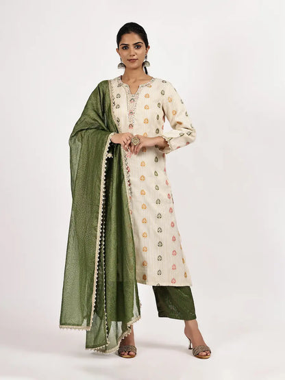 Off-White Kurta & Green Pants Set with Dupatta