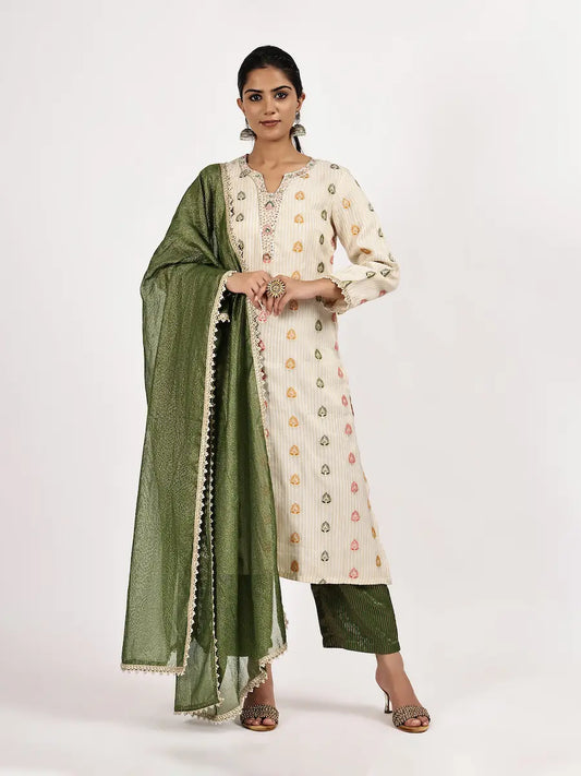 Off-White Kurta & Green Pants Set with Dupatta