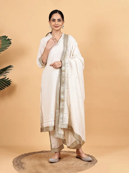 Off-White Kurta Set with Mirror Work and Golden Lace Dupatta