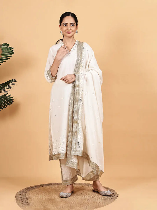 Off-White Kurta Set with Mirror Work and Golden Lace Dupatta