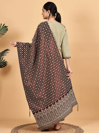 Olive Silk Blend Kurta Set with Woven Jacquard Pants and Dupatta