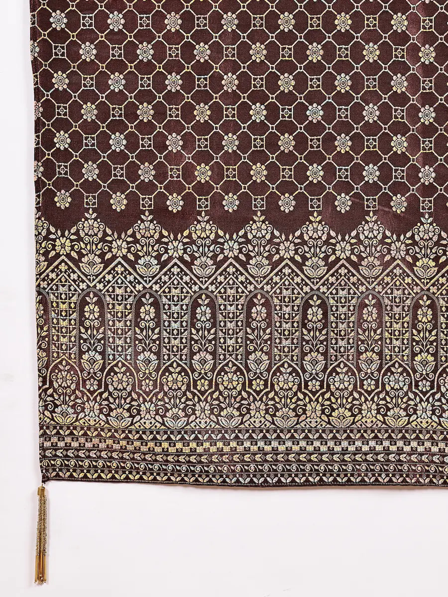 Olive Silk Blend Kurta Set with Woven Jacquard Pants and Dupatta