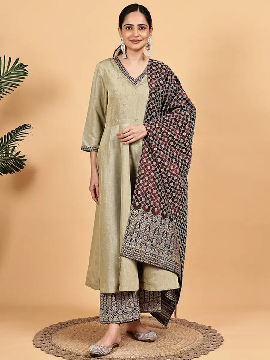Olive Silk Blend Kurta Set with Woven Jacquard Pants and Dupatta