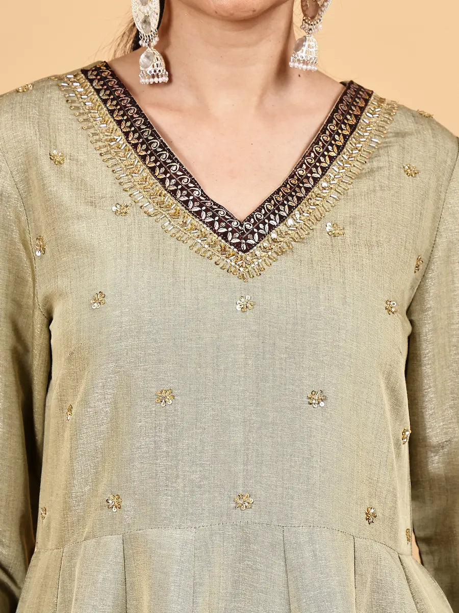 Olive Silk Blend Kurta Set with Woven Jacquard Pants and Dupatta
