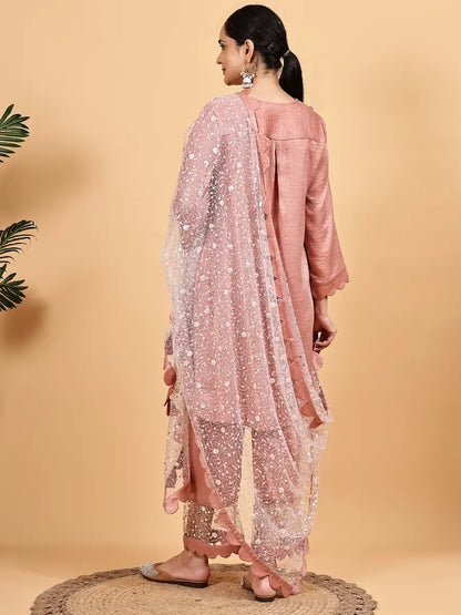 Onion Pink Embellished Kurta Set with heavy Net Dupatta