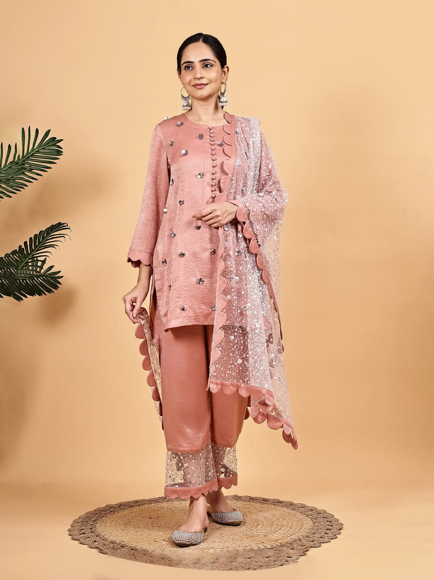 Onion Pink Embellished Kurta Set with heavy Net Dupatta