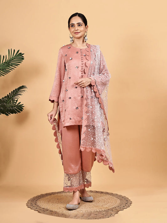 Onion Pink Embellished Kurta Set with heavy Net Dupatta