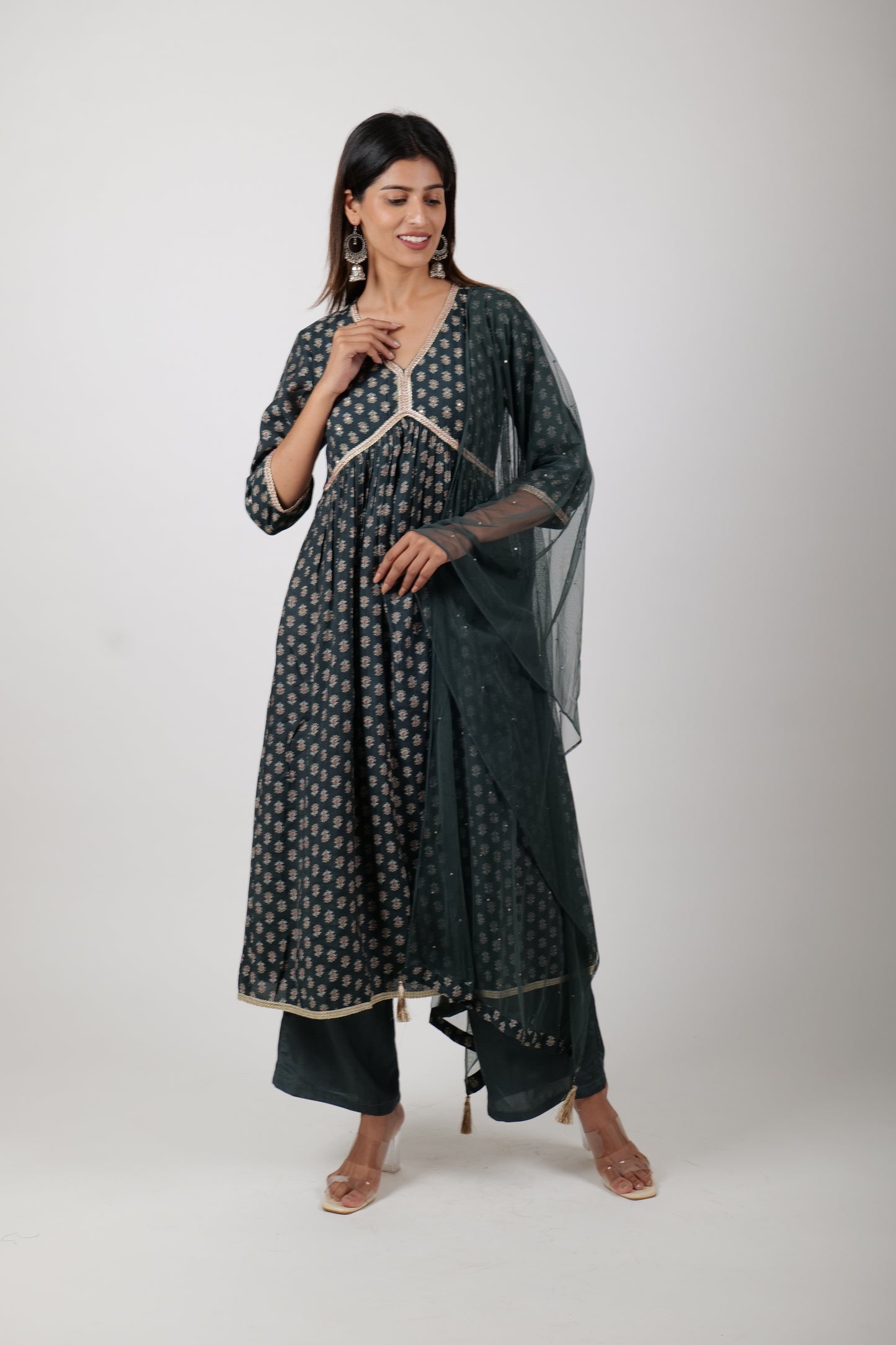 sea weed green Alia cut Kurta , along with pants and Dupatta